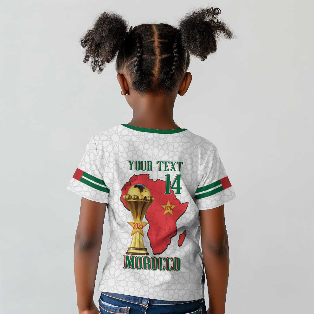 Morocco Football Custom Kid T shirt Atlas Lions Champions African White Islamic Pattern