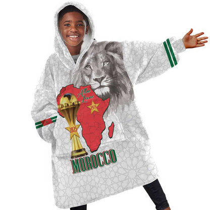 Morocco Football Custom Kid Wearable Blanket Hoodie Atlas Lions Champions African White Islamic Pattern