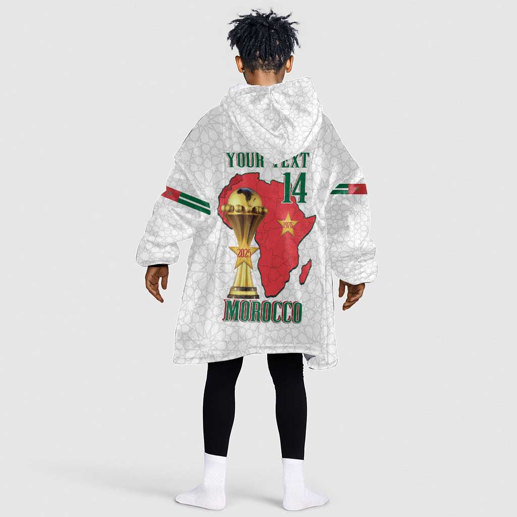 Morocco Football Custom Kid Wearable Blanket Hoodie Atlas Lions Champions African White Islamic Pattern