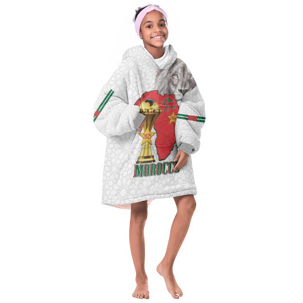 Morocco Football Custom Kid Wearable Blanket Hoodie Atlas Lions Champions African White Islamic Pattern
