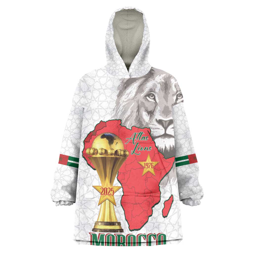 Morocco Football Custom Kid Wearable Blanket Hoodie Atlas Lions Champions African White Islamic Pattern