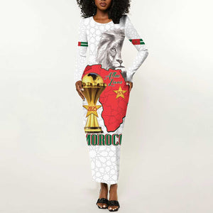 Morocco Football Custom Long Sleeve Bodycon Dress Atlas Lions Champions African White Islamic Pattern