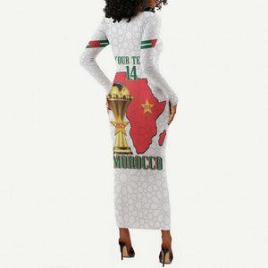 Morocco Football Custom Long Sleeve Bodycon Dress Atlas Lions Champions African White Islamic Pattern
