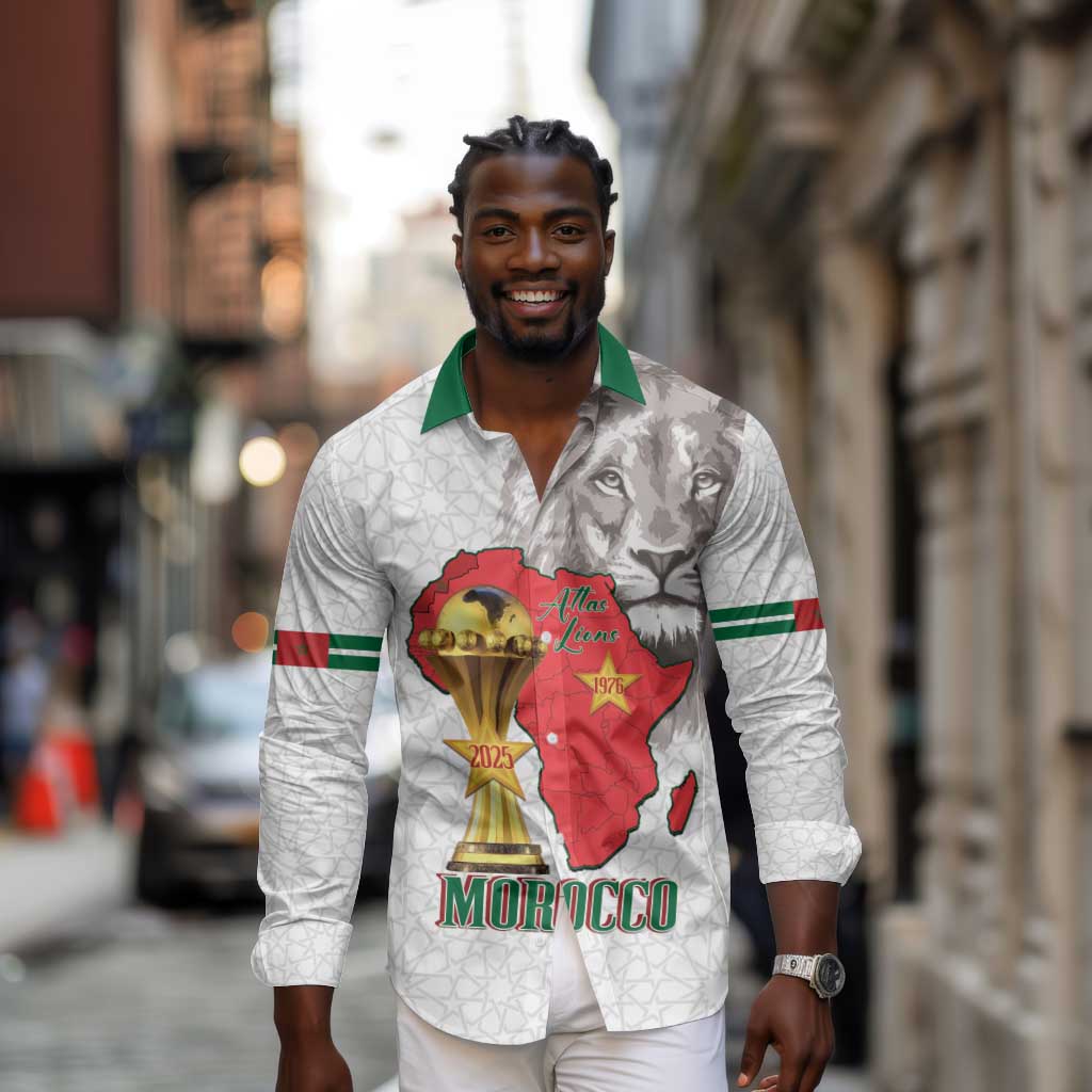 Morocco Football Custom Long Sleeve Button Shirt Atlas Lions Champions African White Islamic Pattern