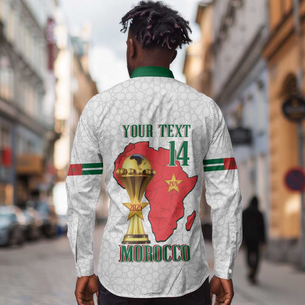 Morocco Football Custom Long Sleeve Button Shirt Atlas Lions Champions African White Islamic Pattern