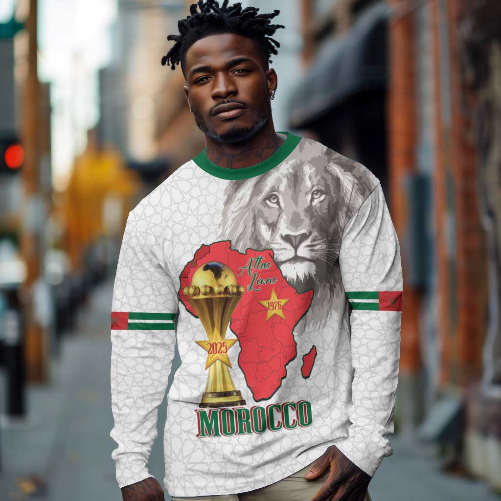 Morocco Football Custom Long Sleeve Shirt Atlas Lions Champions African White Islamic Pattern