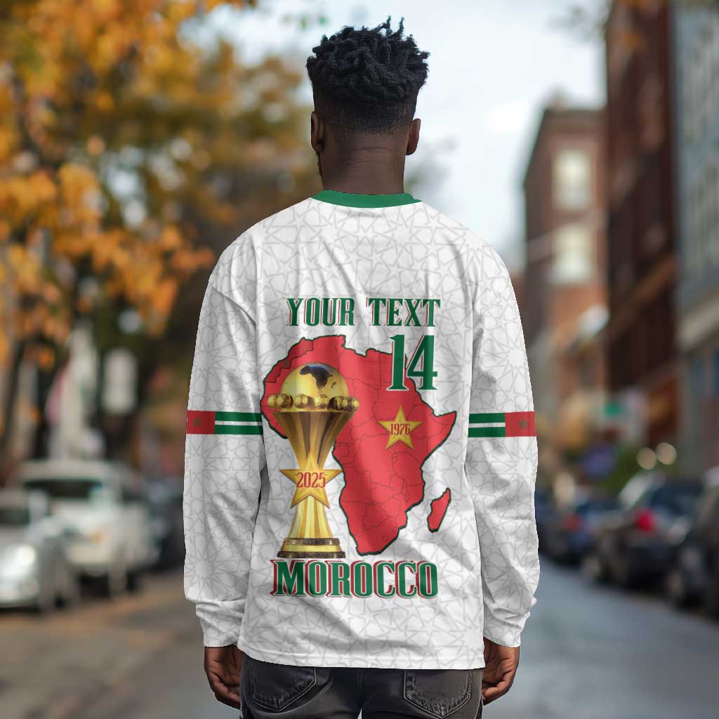 Morocco Football Custom Long Sleeve Shirt Atlas Lions Champions African White Islamic Pattern