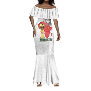 Morocco Football Custom Mermaid Dress Atlas Lions Champions African White Islamic Pattern