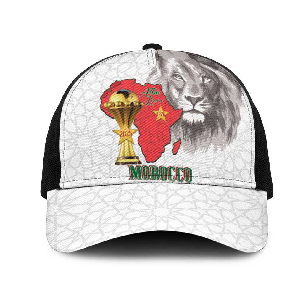Morocco Football Mesh Trucker Cap Atlas Lions Champions African White Islamic Pattern