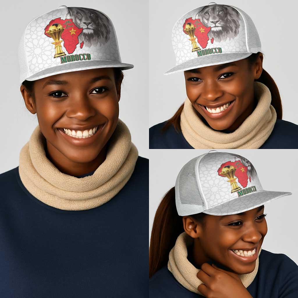 Morocco Football Mesh Trucker Cap Atlas Lions Champions African White Islamic Pattern