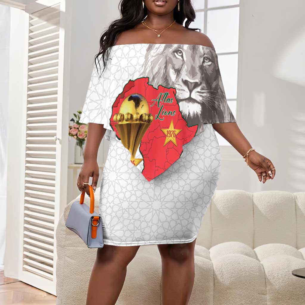 Morocco Football Custom Off Shoulder Short Dress Atlas Lions Champions African White Islamic Pattern