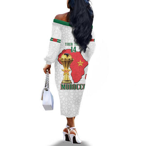 Morocco Football Custom Off The Shoulder Long Sleeve Dress Atlas Lions Champions African White Islamic Pattern