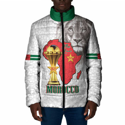 Morocco Football Custom Padded Jacket Atlas Lions Champions African White Islamic Pattern