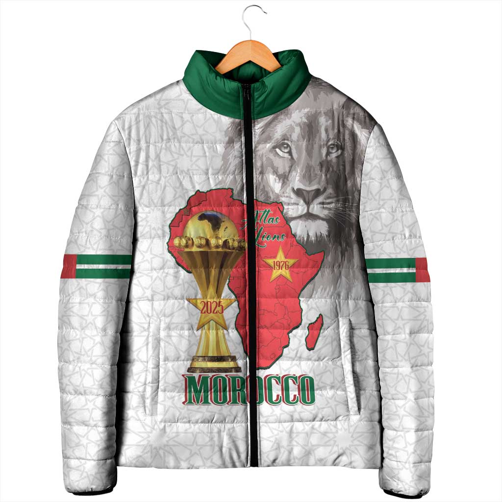 Morocco Football Custom Padded Jacket Atlas Lions Champions African White Islamic Pattern