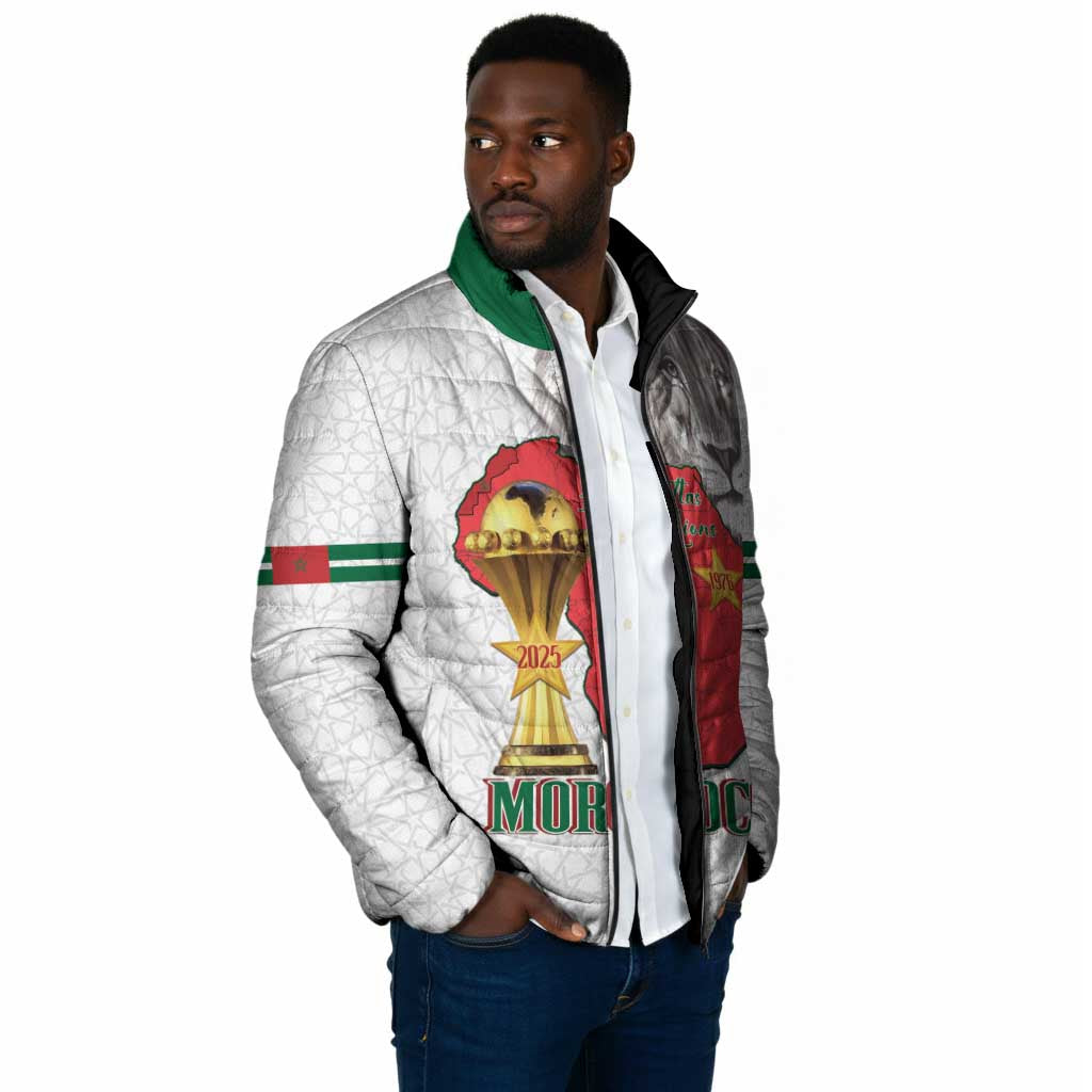 Morocco Football Custom Padded Jacket Atlas Lions Champions African White Islamic Pattern