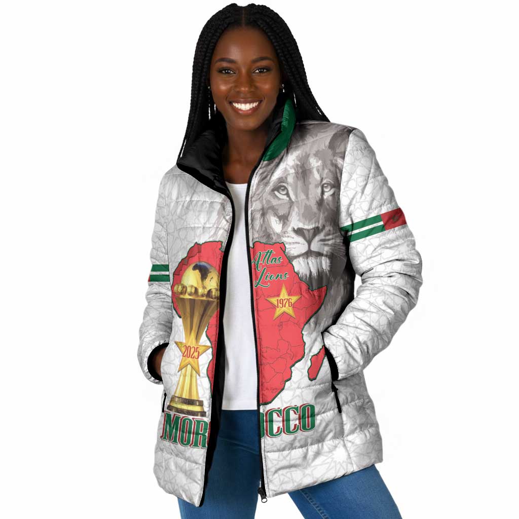 Morocco Football Custom Padded Jacket Atlas Lions Champions African White Islamic Pattern