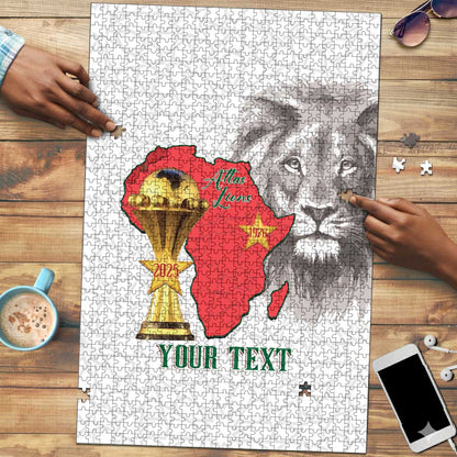 Morocco Football Custom Puzzle Atlas Lions Champions African White Islamic Pattern
