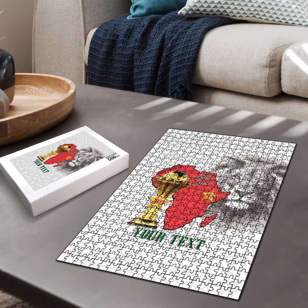 Morocco Football Custom Puzzle Atlas Lions Champions African White Islamic Pattern