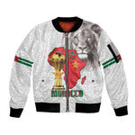 Morocco Football Custom Sleeve Zip Bomber Jacket Atlas Lions Champions African White Islamic Pattern