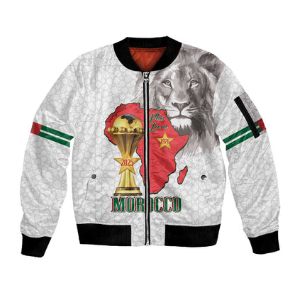 Morocco Football Custom Sleeve Zip Bomber Jacket Atlas Lions Champions African White Islamic Pattern