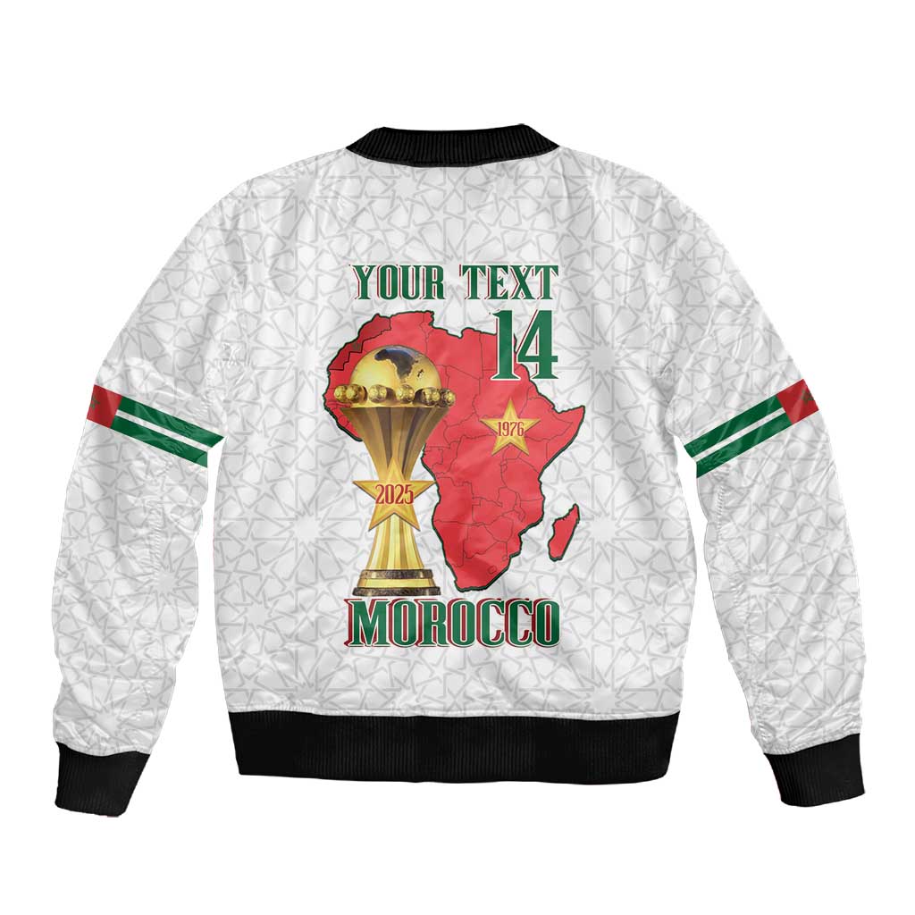 Morocco Football Custom Sleeve Zip Bomber Jacket Atlas Lions Champions African White Islamic Pattern