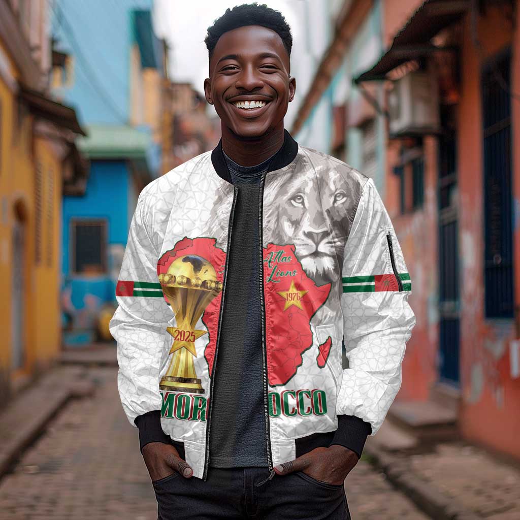 Morocco Football Custom Sleeve Zip Bomber Jacket Atlas Lions Champions African White Islamic Pattern