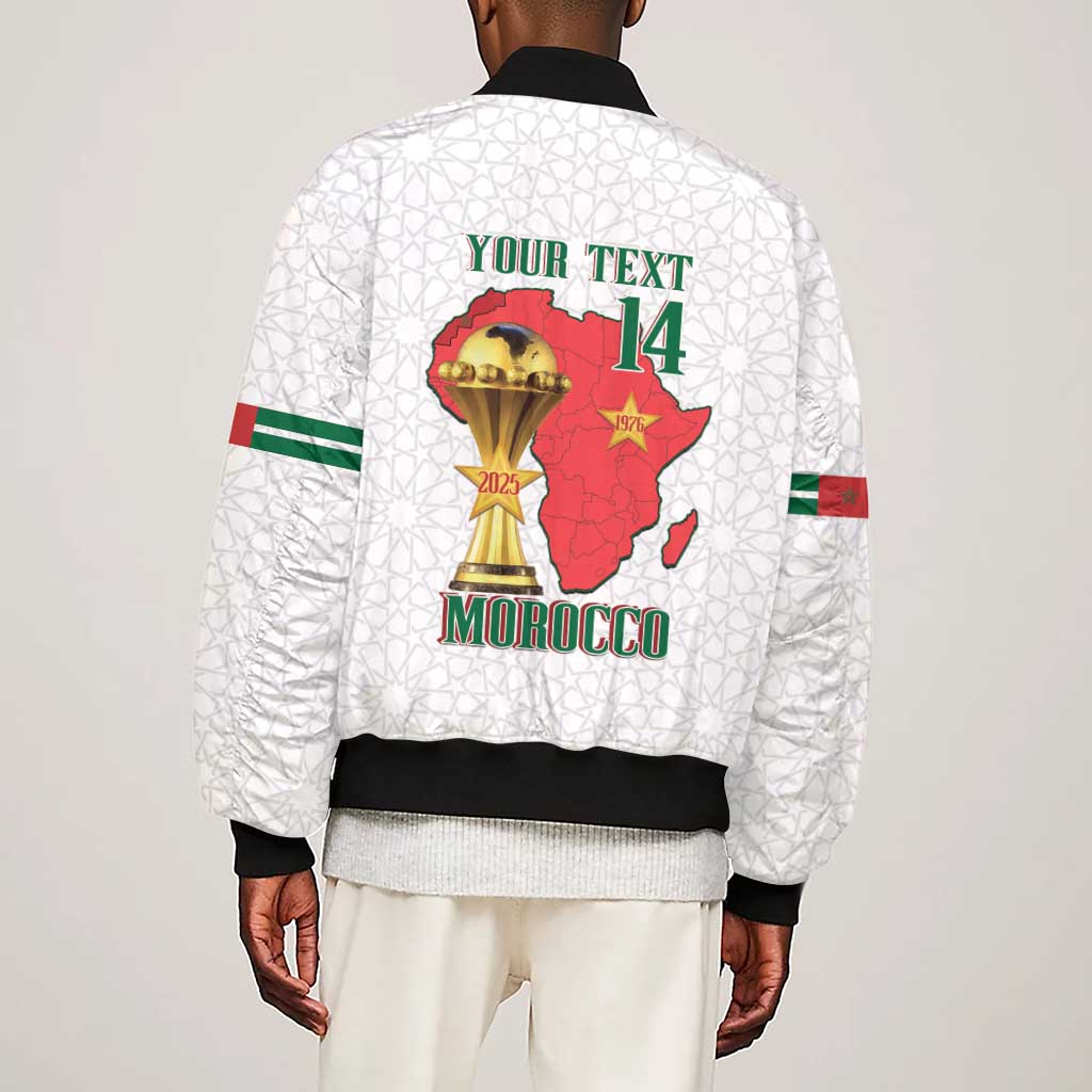 Morocco Football Custom Sleeve Zip Bomber Jacket Atlas Lions Champions African White Islamic Pattern