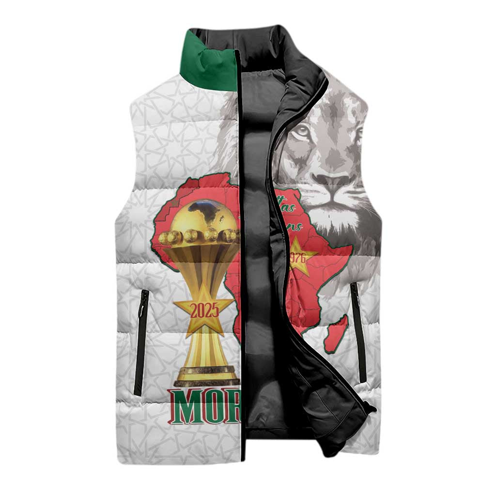 Morocco Football Custom Sleeveless Puffer Jacket Atlas Lions Champions African White Islamic Pattern