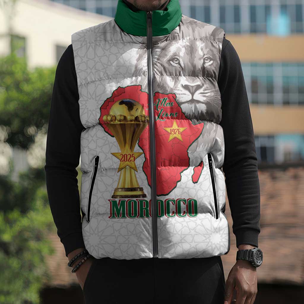 Morocco Football Custom Sleeveless Puffer Jacket Atlas Lions Champions African White Islamic Pattern
