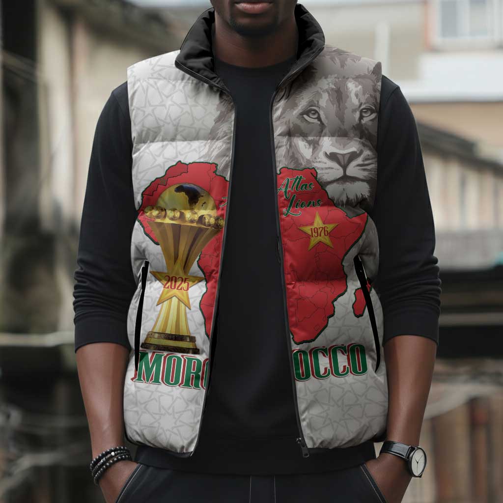 Morocco Football Custom Sleeveless Puffer Jacket Atlas Lions Champions African White Islamic Pattern