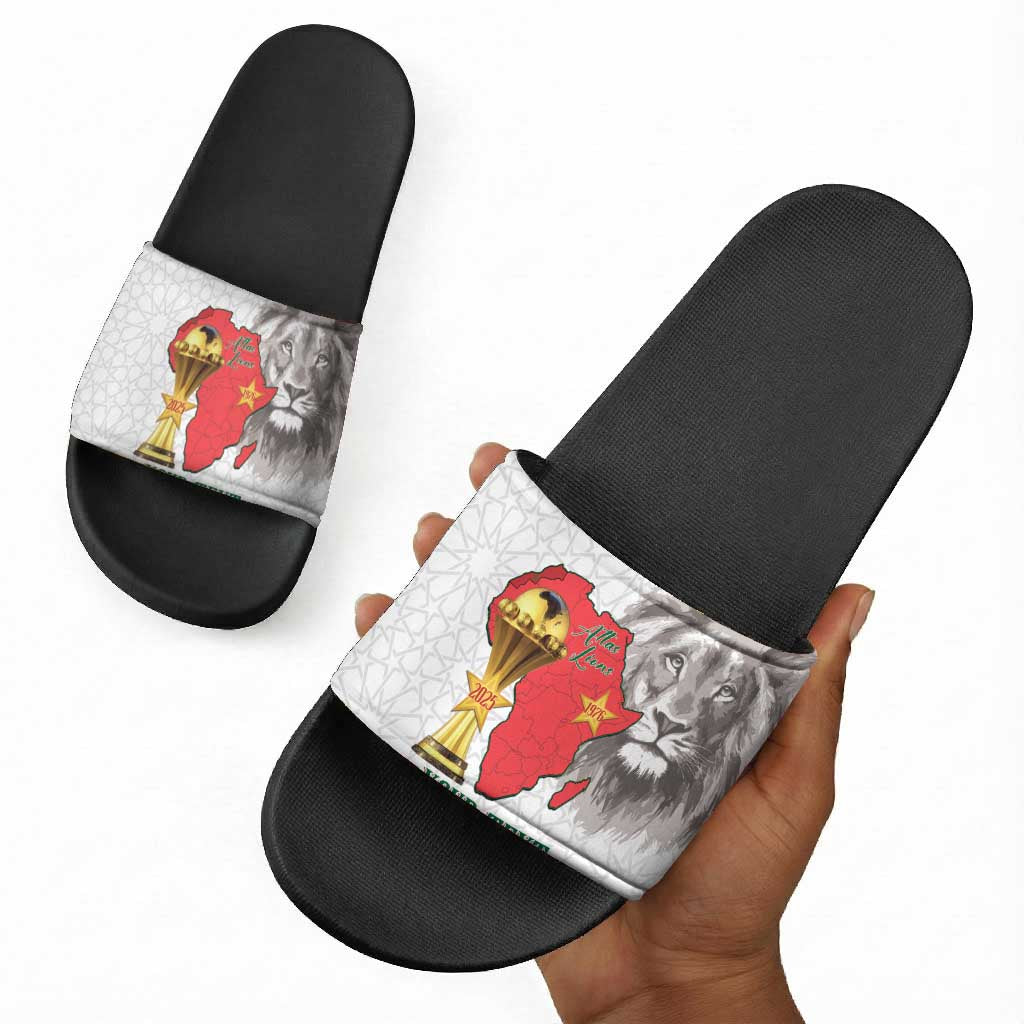 Morocco Football Custom Slide Sandals Atlas Lions Champions African White Islamic Pattern