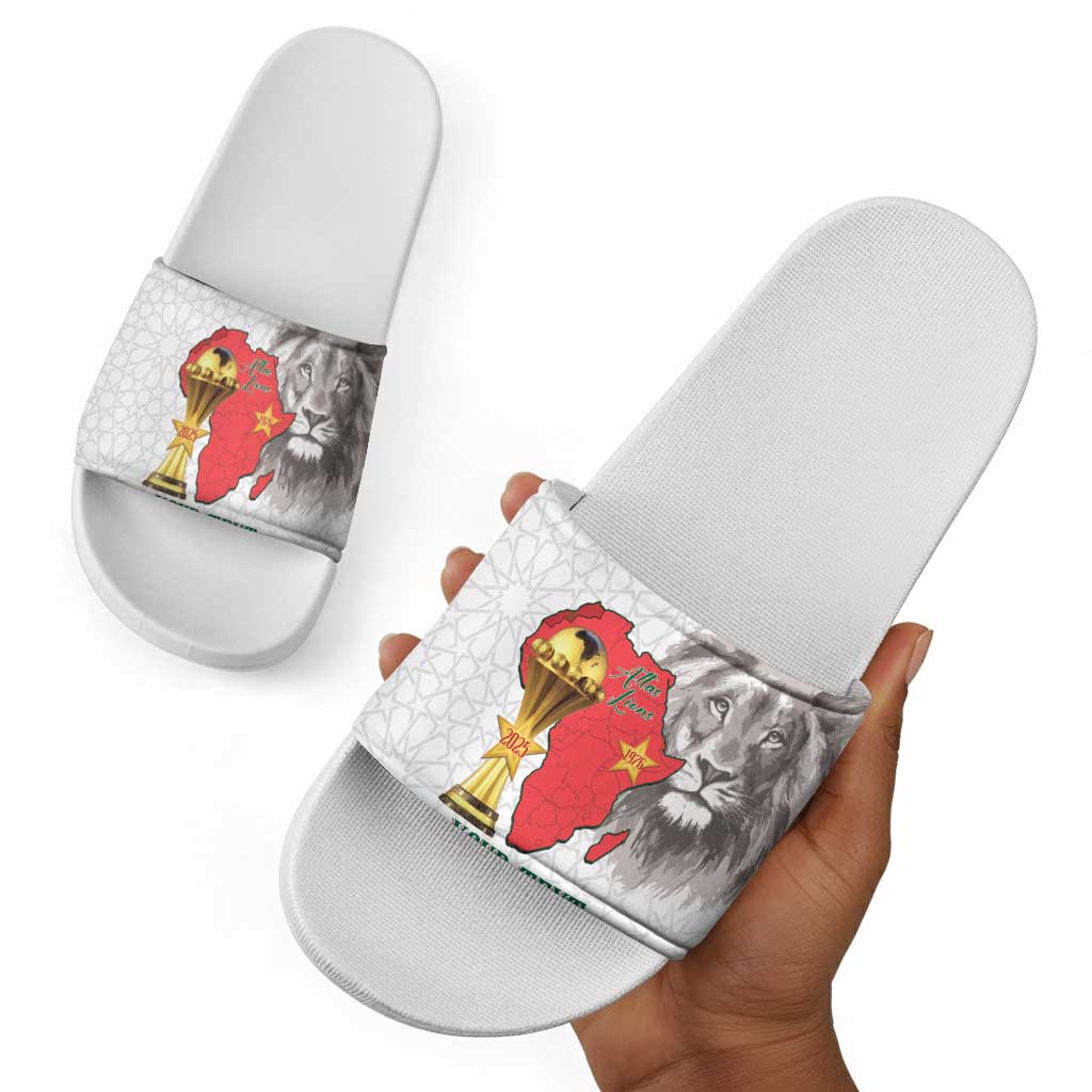 Morocco Football Custom Slide Sandals Atlas Lions Champions African White Islamic Pattern