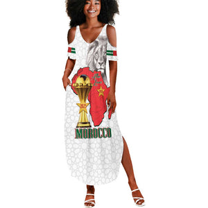 Morocco Football Custom Summer Maxi Dress Atlas Lions Champions African White Islamic Pattern