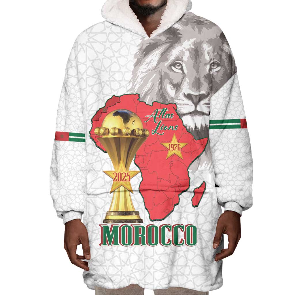 Morocco Football Custom Wearable Blanket Hoodie Atlas Lions Champions African White Islamic Pattern