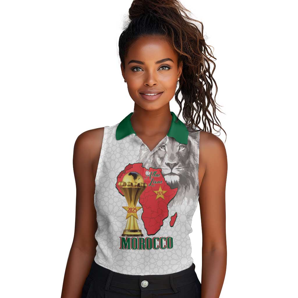 Morocco Football Custom Women Sleeveless Polo Shirt Atlas Lions Champions African White Islamic Pattern