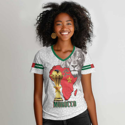 Morocco Football Custom Women V-Neck T-Shirt Atlas Lions Champions African White Islamic Pattern