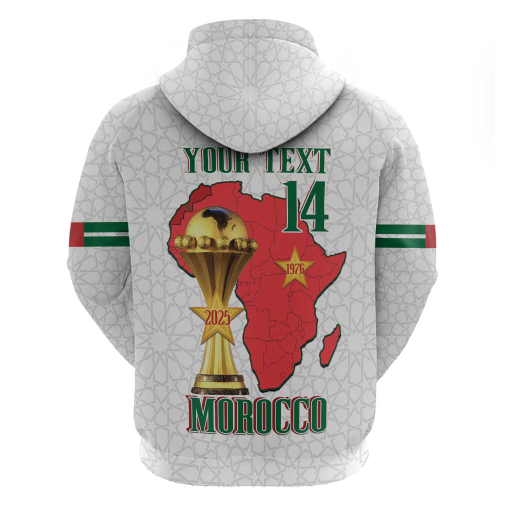 Morocco Football Custom Zip Hoodie Atlas Lions Champions African White Islamic Pattern