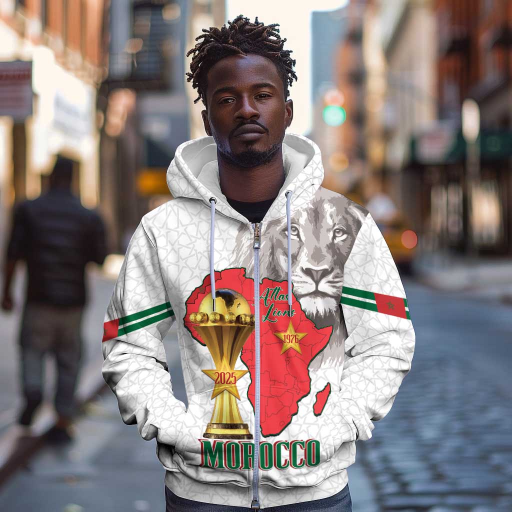 Morocco Football Custom Zip Hoodie Atlas Lions Champions African White Islamic Pattern