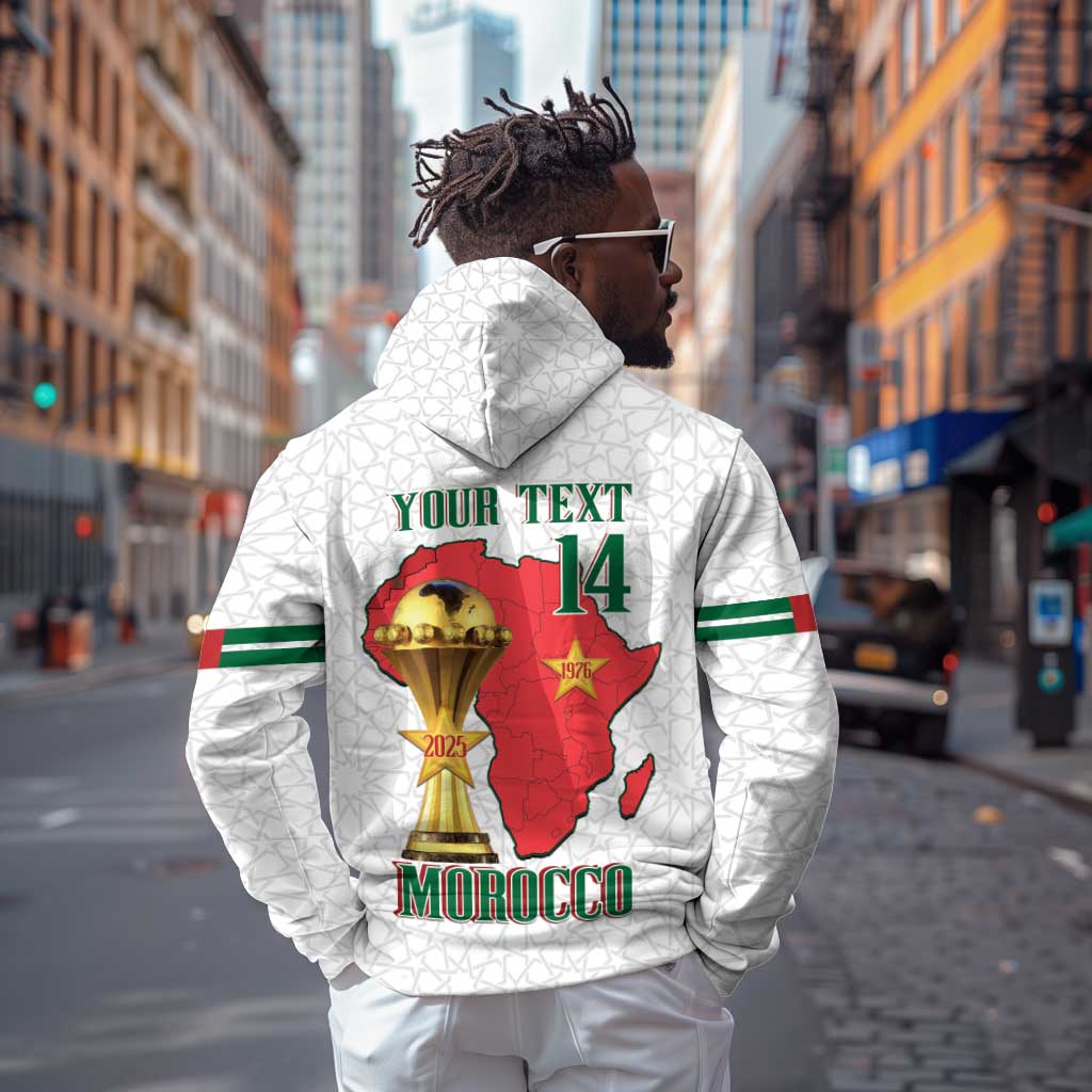 Morocco Football Custom Zip Hoodie Atlas Lions Champions African White Islamic Pattern