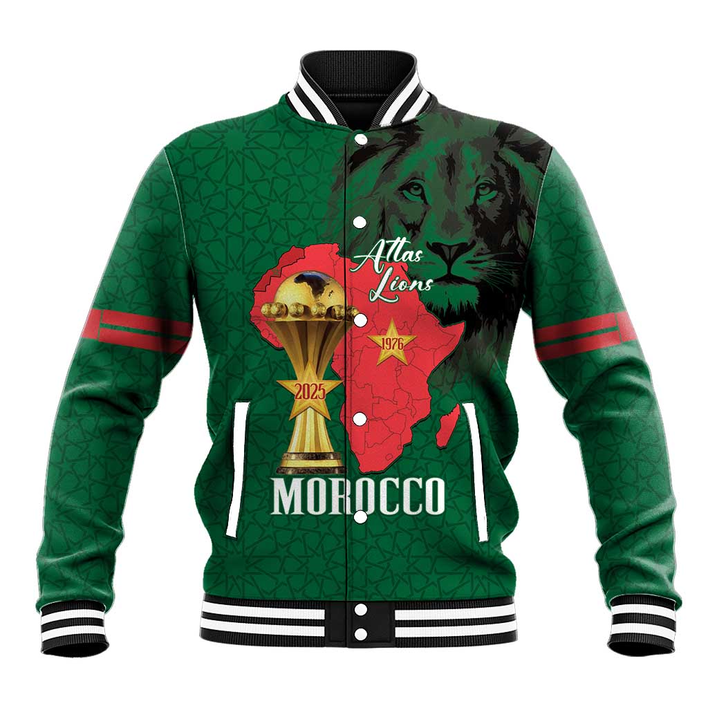 Morocco Football Custom Baseball Jacket Atlas Lions Champions African Green Islamic Pattern