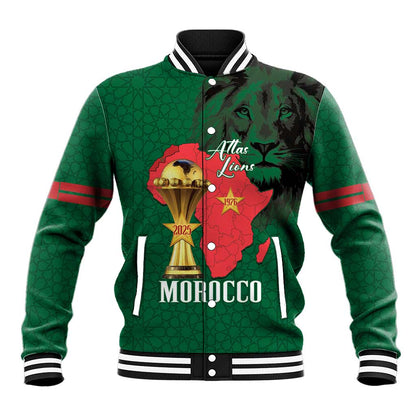 Morocco Football Custom Baseball Jacket Atlas Lions Champions African Green Islamic Pattern