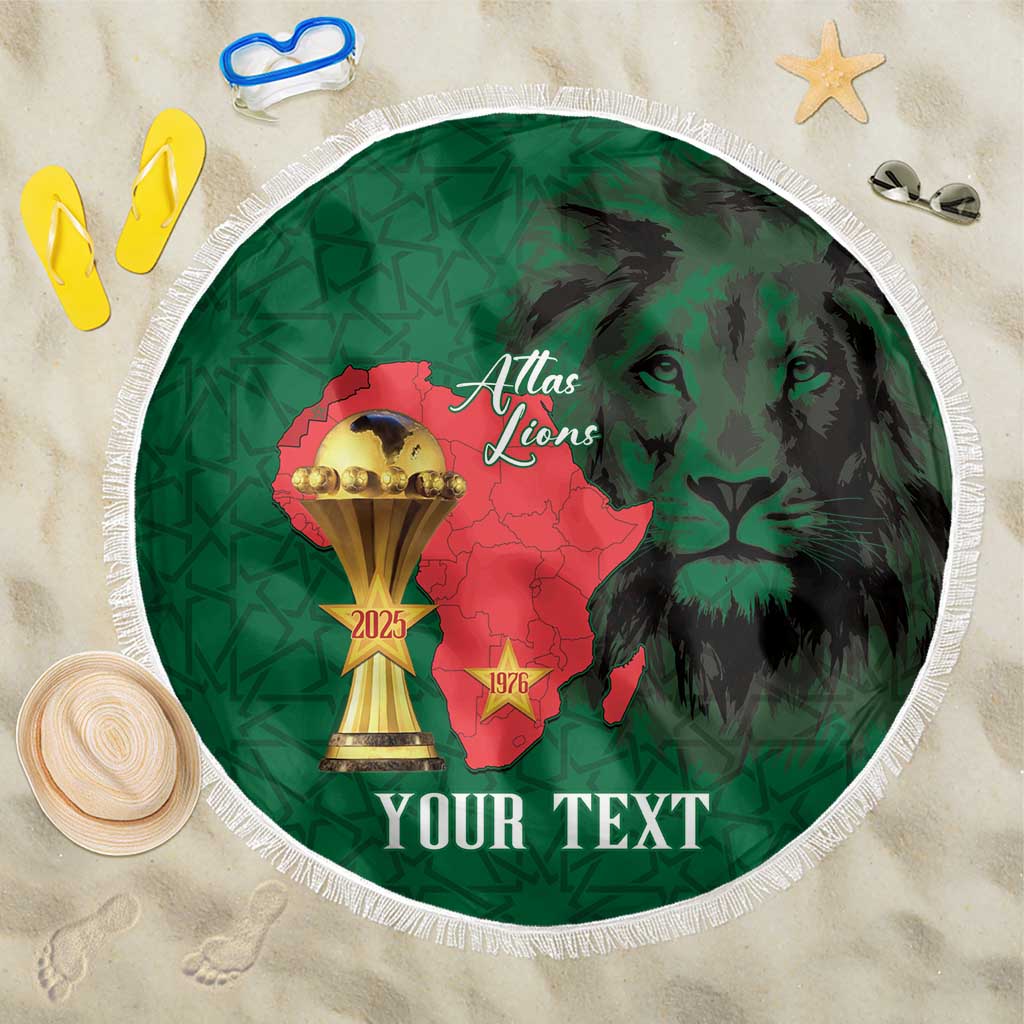 Morocco Football Custom Beach Blanket Atlas Lions Champions African Green Islamic Pattern