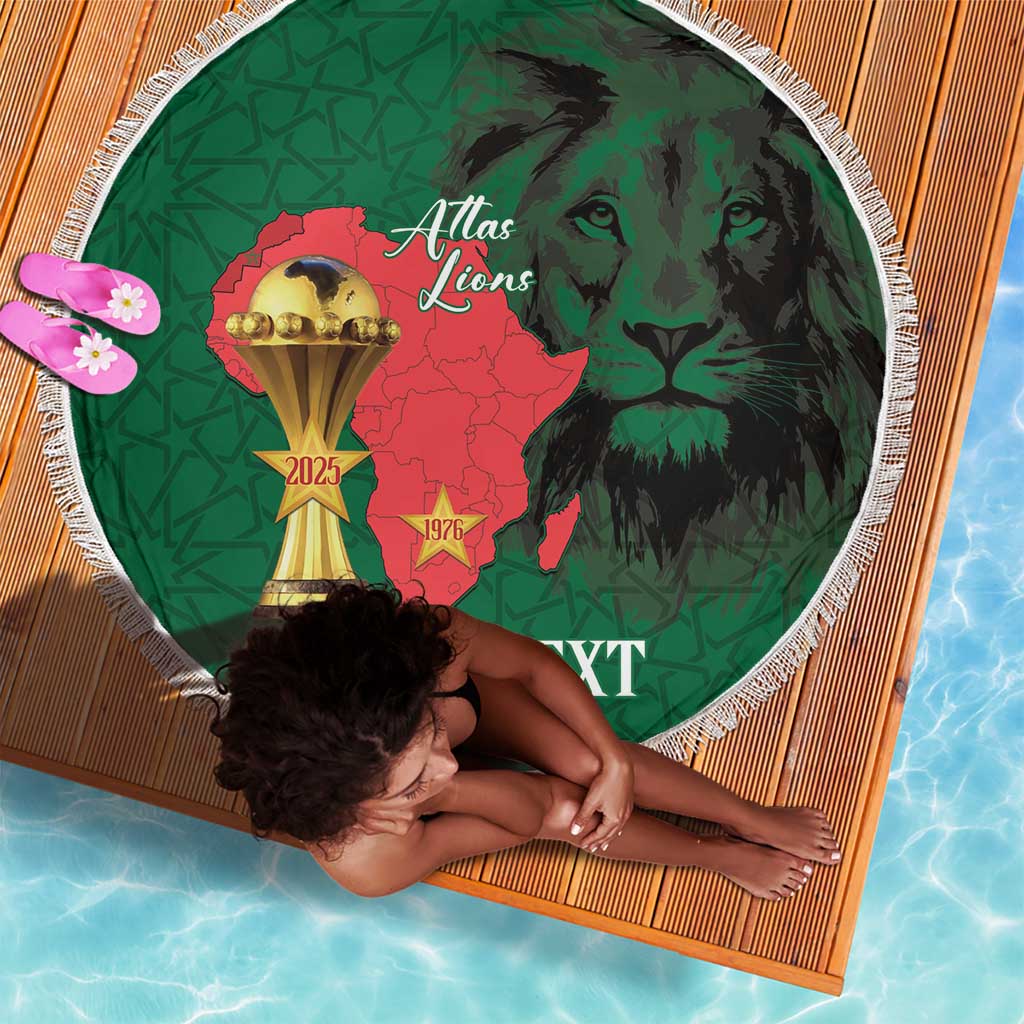 Morocco Football Custom Beach Blanket Atlas Lions Champions African Green Islamic Pattern