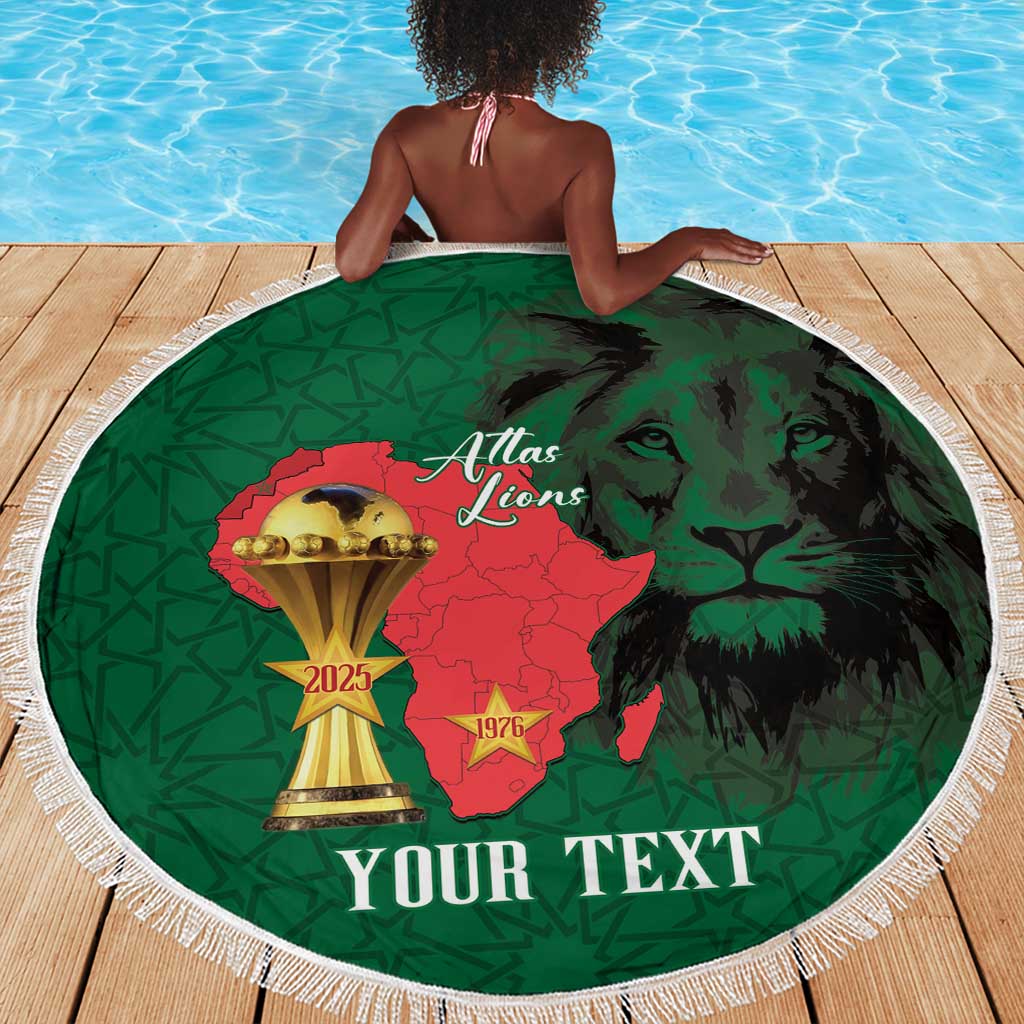 Morocco Football Custom Beach Blanket Atlas Lions Champions African Green Islamic Pattern