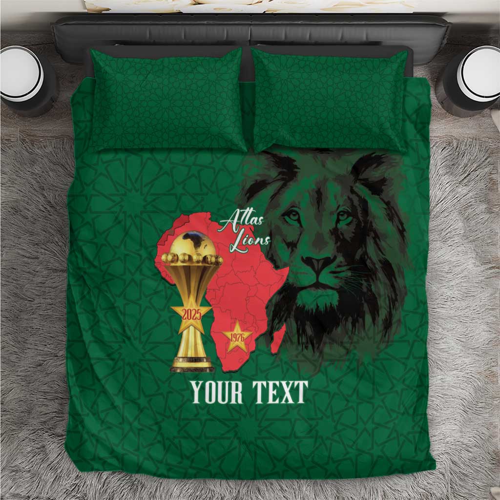 Morocco Football Custom Bedding Set Atlas Lions Champions African Green Islamic Pattern