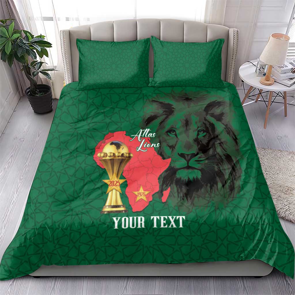 Morocco Football Custom Bedding Set Atlas Lions Champions African Green Islamic Pattern