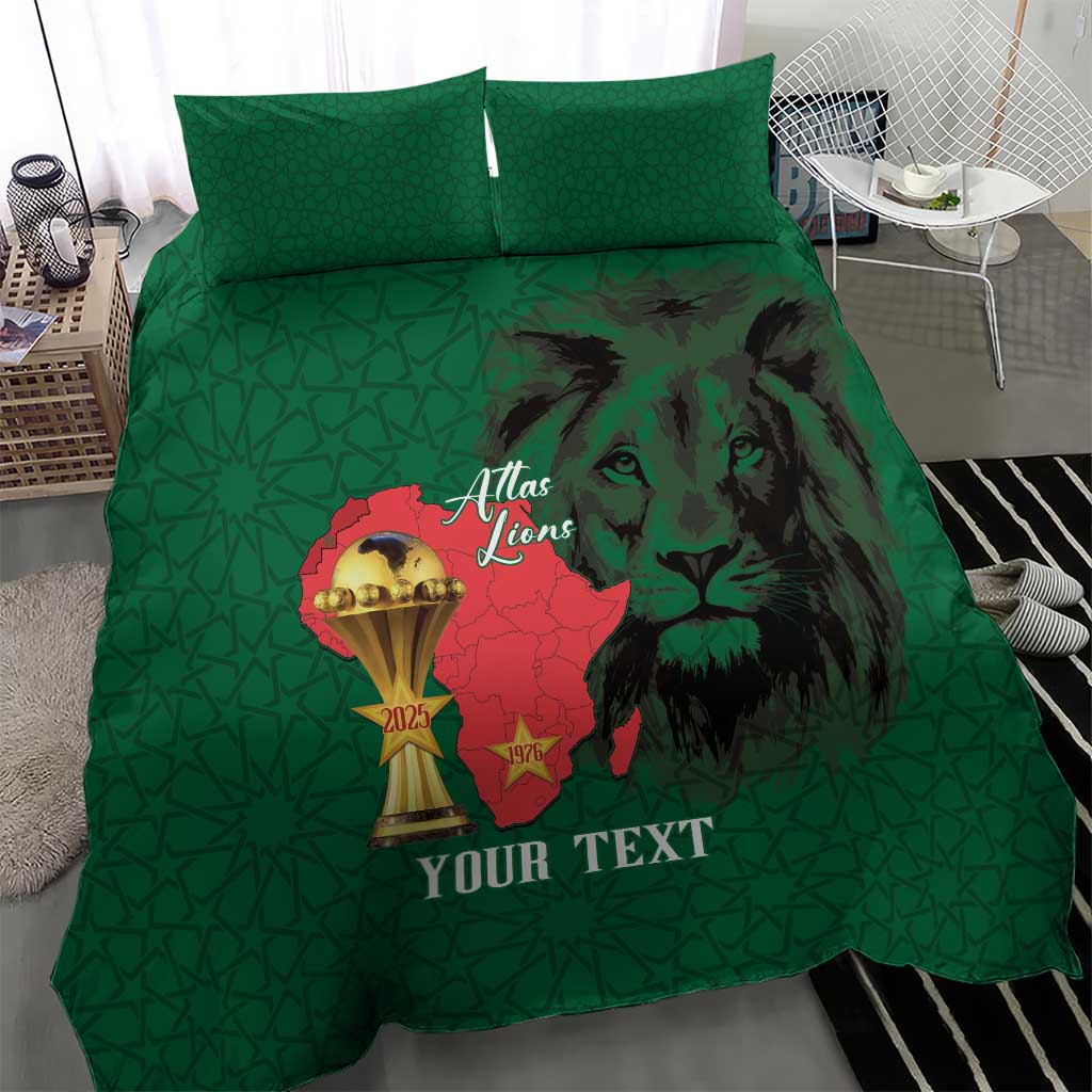Morocco Football Custom Bedding Set Atlas Lions Champions African Green Islamic Pattern