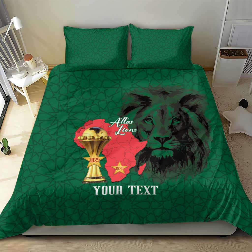 Morocco Football Custom Bedding Set Atlas Lions Champions African Green Islamic Pattern