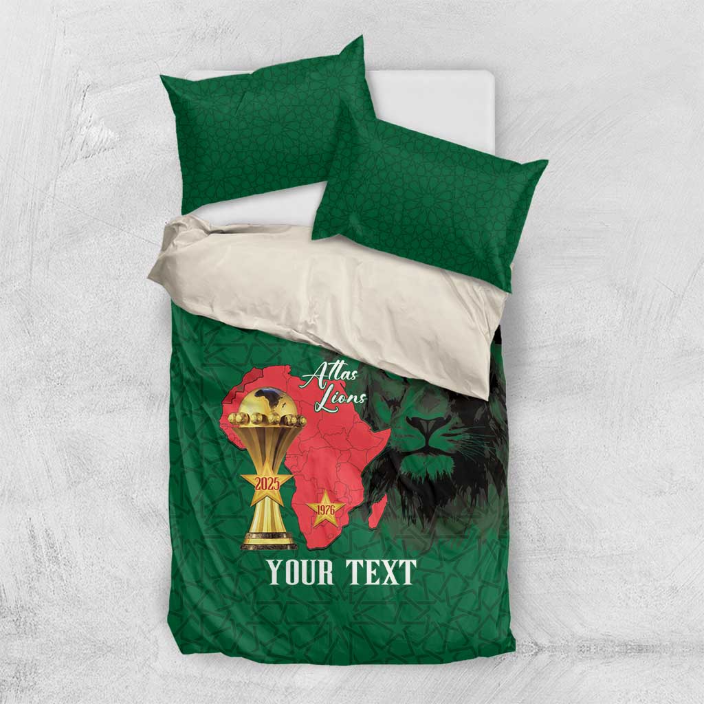 Morocco Football Custom Bedding Set Atlas Lions Champions African Green Islamic Pattern