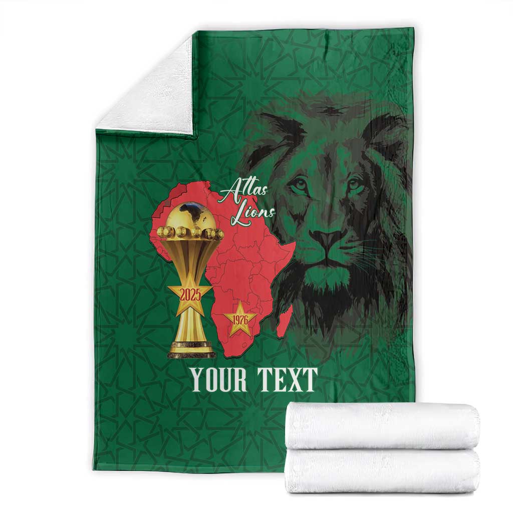 Morocco Football Custom Blanket Atlas Lions Champions African Green Islamic Pattern